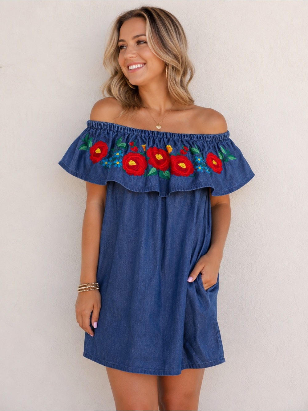 Kori America Women’s Medium Embroidered Chambray Off Shoulder Boho Top/Dress